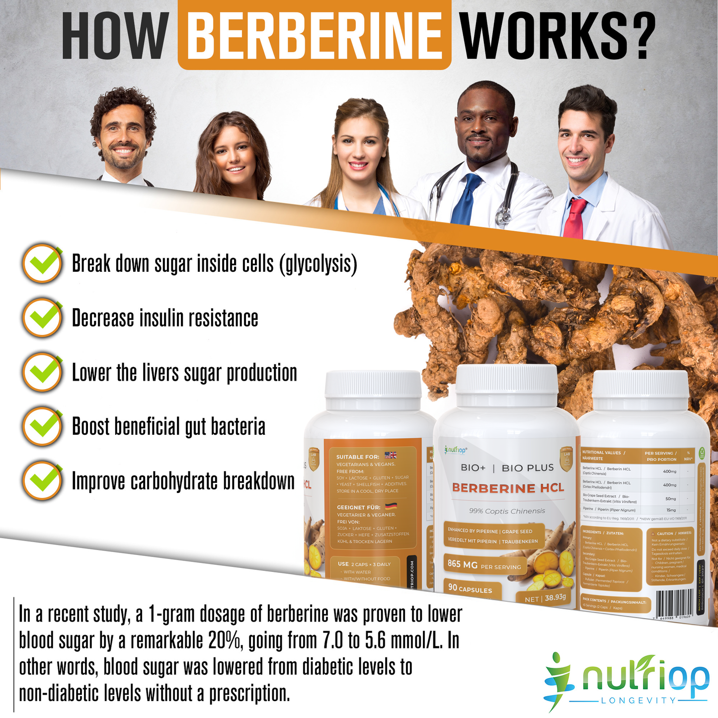 Nutriop® Bio-Enhanced Berberine HCL 865mg - Dual-Source Metabolic AMPK Activator (90 Capsules)